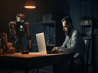 A picture of a man working on his computer with a robot in the background.